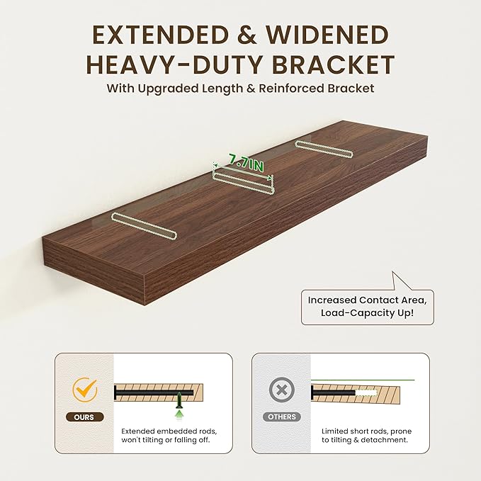 12 Inch Deep Floating Shelves for Wall | 72W x 12D Floating Shelves Set of 1 | Rustic Walnut Long Floating Shelves for Living Room Bathroom Laundry Room Bedroom Kitchen Home Office