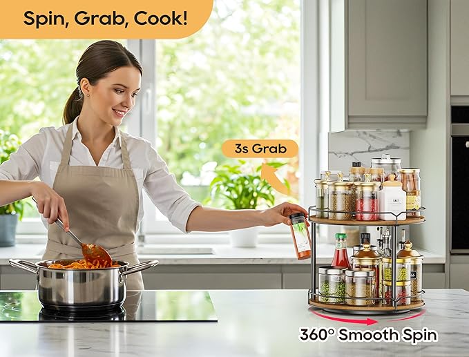 12.4" Lazy Susan Organizer 2 Tier - Rotating Spice Rack, Wooden Spinning Spice Holder for Inside Cabinet, Pantry, Kitchen, Countertop, Bathroom and Vanity, Versatile Storage