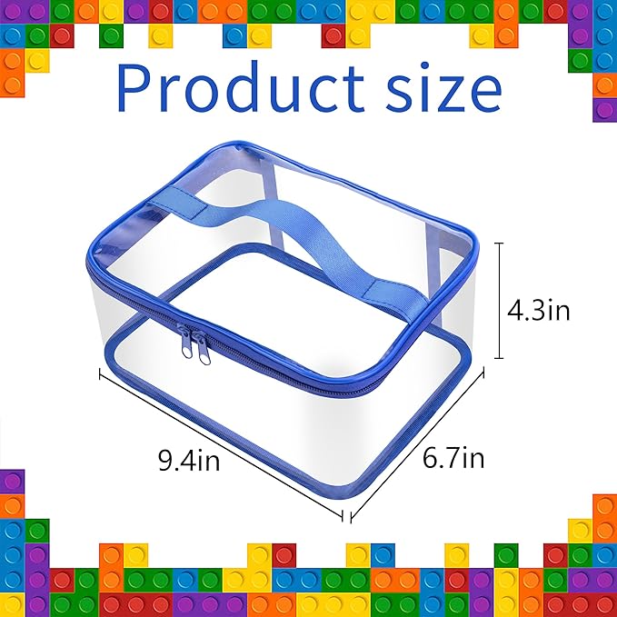 3 Packs Clear Toy Storage Bags- 9.4 x 6.7 x 4.3 Inch Transparent PVC Toy Organizing Bags with Zipper- Waterproof Toy Storage Organizer Pouch for Building Blocks, Small Toys (Blue)