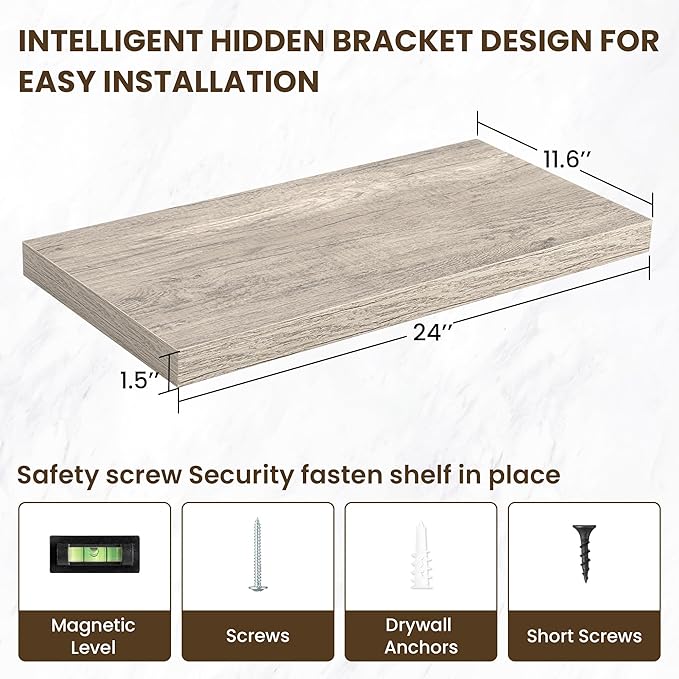 24 Inch Floating Shelves, 11.6 Inch Deep Floating Shelves for Wall, Floating Shelf with Invisible Brackets, Deep Shelves for Bathroom, Bedroom, Living Room, 2 Pack, Vintage Gray Oak