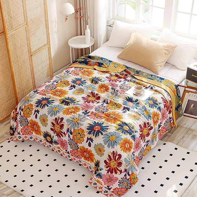 Boho Muslin Blanket for Adults 4-Layer Gauze Twin Size Soft Cozy 100% Cotton Summer Cooling Blanket Floral Decor for Sofa Bed Coverlet Both Sides (Daisy Floral, Twin 60 x 80 in)
