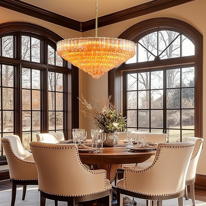 30" Modern Dining Room Chandeliers, 13-Light Amber Crystal Chandeliers, Dimmable Blown Glass Chandelier for Living Room, Round Glod Large Chandelier for High Ceiling, Bedroom, Entryway, Staircase