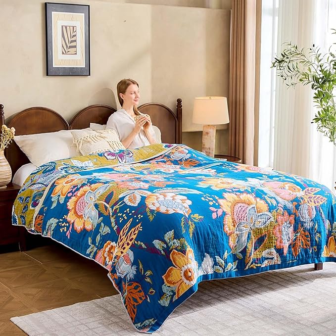 Boho Throw Blanket, Blue Lightweight Blankets for Summer, 100% Cotton Bohemian Decorative Throw Blanket, 60"x80" Reversible Muslin Breathable Woven Farmhouse Blankets Quilt,