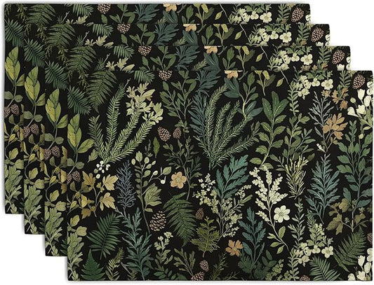 Black Sage Green Plant Placemats Set of 4 Vintage Botanic Fern Leaves Herb Floral Place Mats Rustic Farmhouse Linen Fabric Table Mats for Party Kitchen Dining Outdoor Indoor Decor