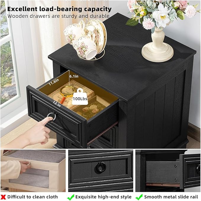 18" Night Stands Set of 2 with Charging Station, Farmhouse 2 & 3 Drawers End Table Dresser for Bedroom, Black Wooden Nightstand, Bed Side Table with Open Shelf, Bedside Cabinet for Living Room