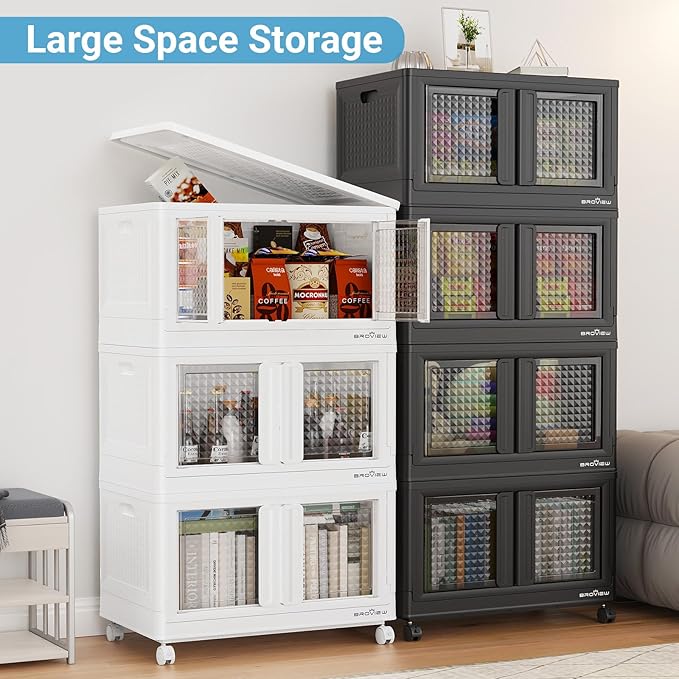 400Qt Stackable Storage Bins with Lids, 100Gal Closet Organizers and Storage Drawer, Plastic Collapsible Storage Bins with Doors, Heavy Duty Store Box Cabinet for Home Kitchen, 4Pack White