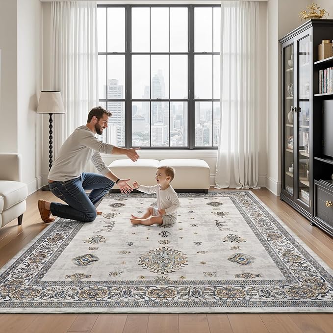 AMOAMI-Vintage Area Rug 6X9 Grey Rugs for Living Room-Soft Living Room Rug Non Slip Rugs for Bedroom Carpet Machine Washable Rug for Dining Room Bedside Office Room Decor