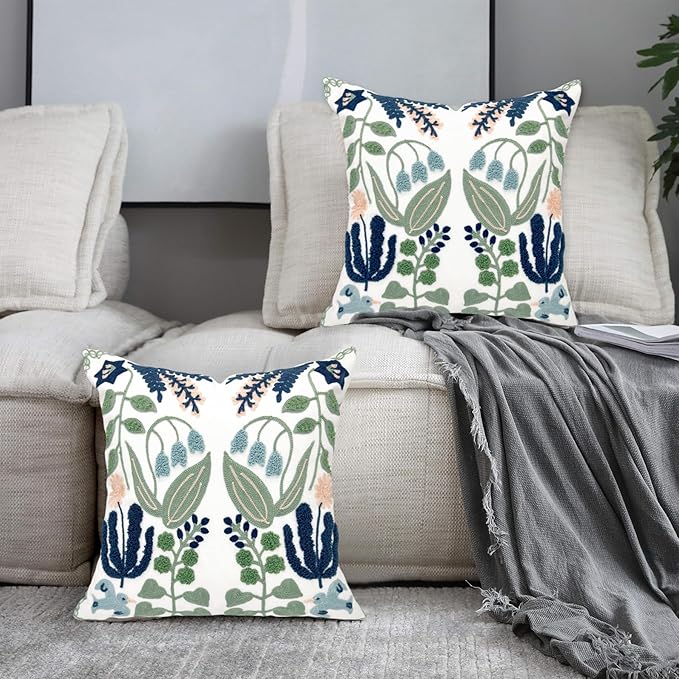 Alysheer Floral Embroidered Summer Decorative Throw Pillow Covers 20"x 20" Set of 2, Farmhouse Cottage Navy Blue Green Flowers Leaves Knit Pattern Cotton Canvas Cushion Case for Couch Bed Living Room