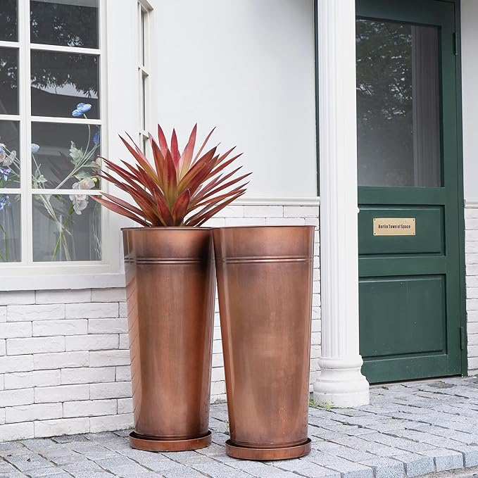 28in Tall Antique Copper Metal Vintage Planter Set of 2,Galvanized Steel Planter Pots for porches/Indoor/Outdoor/terraces Patio- Copper Color(2planters,2inner pots with Holes, 2trays)