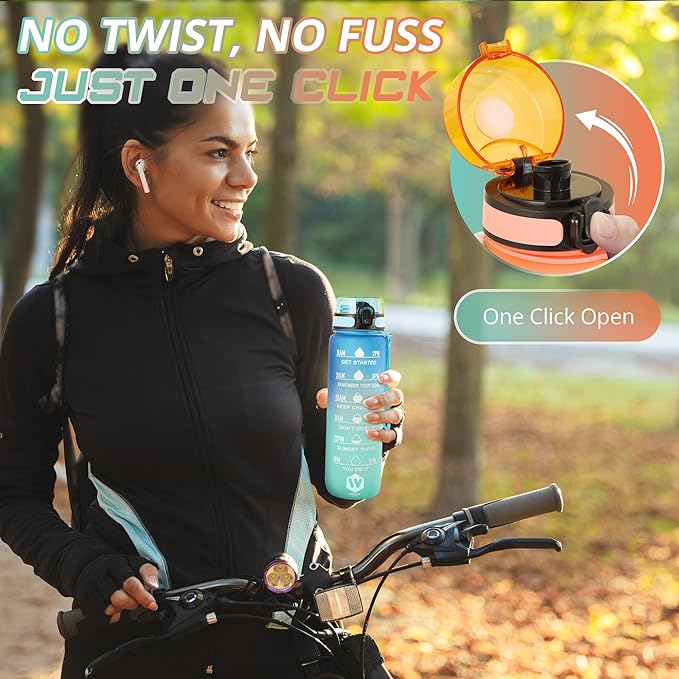 32 oz Water Bottle with Time Marker Leak-Proof & BPA Free Reusable Gym Water Bottle Easy to Carry Motivational Water Bottle for Fitness, Sports, Outdoor, Cycling, School & Office (Blue & Pink)