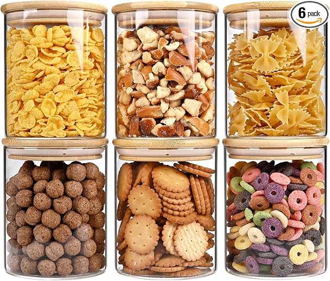 25oz Glass Food Storage Jars, Glass Jars with Bamboo Lids, Kitchen Storage Jars, Set of 6, Canisters with Airtight Lids for Spice, Coffee, Cookie, Pantry Organizers