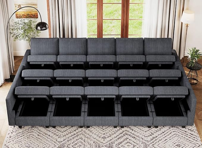 Belffin Large 15 Seat Modular Sectional Sofa with Storage Seat Corduroy Sleeper Sectional Sofa Bed Oversized Convertible Modular Couch for Living Room Dark Grey