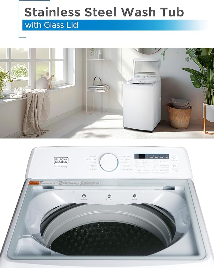 BLACK+DECKER 4.1 Cu. Ft. Top Loading Washing Machine with Agitator, Full Size Washing Machine with Glass Lid and Stainless Steel Tub, Machine with LED Display, 10 Wash Cycles, 120V, BTLW41MW, White