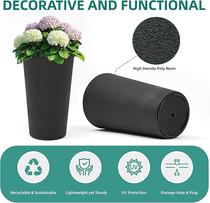 24" Tall Planters for Outdoor Plants, Set of 2 Heavy-Duty Resin Flower Pots, Matte Black Leather Grain Finish, Durable & Weather-Resistant, Ideal for Garden, Patio, Yard, Porch, or Home Use