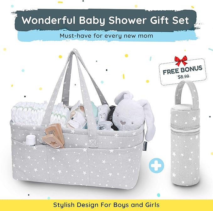 Baby Diaper Caddy Organizer - Baby Shower Basket | Large Nursery Storage Bin for Changing Table | Car Travel Tote Bag | Newborn Registry Must Have | Bonus Bottle Cooler | Gray