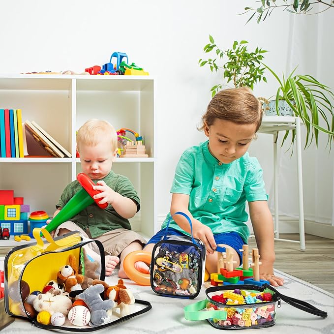 4 Pcs Toy Storage Bags PVC Travel Organizer Case Clear Reusable Toy Carrying Case with Portable Handheld for Building Blocks Car Toy Dolls Crafts Board Games Clay Puzzles Books Storage