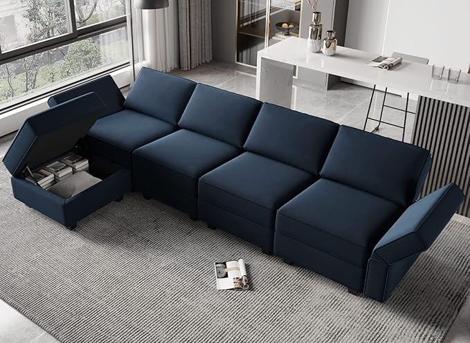 Belffin Modular Sectional Sofa Couch with Reversible Chaise Velvet L Shaped Storage 4-seat Convertible Blue…