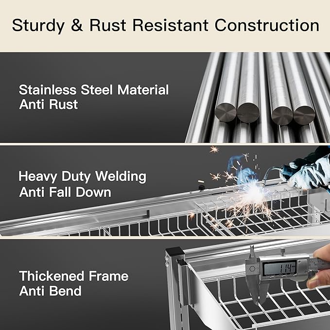 3 Tier Extra Large Stainless Steel Expandable Over The Sink Dish Drainer Drying Rack, Rust Proof Metal, Space Saving, Modern Silver Big Capacity Extendable Plate Strainers Above Kitchen Counter