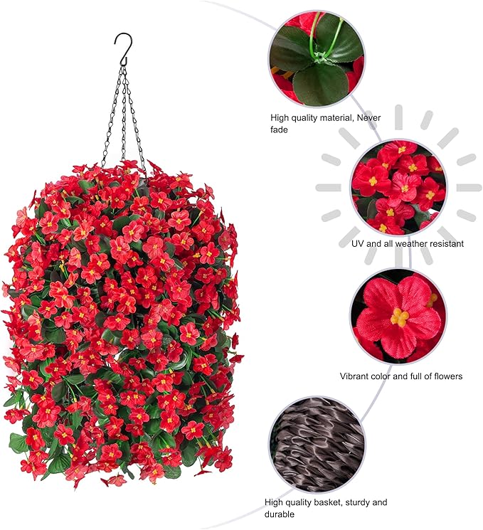 Artificial Fake Red Hanging Flowers Plants Basket for Outdoor Outside Winter Christmas Decor, Faux Silk Look Real UV Resistant Orchid for Fall Porch Garden Yard Patio Home