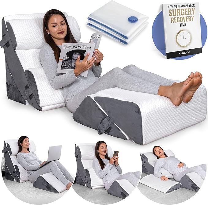 6 pcs Orthopedic Bed Wedge Pillow Set w/Leg Elevation Pillow - Perfect Adjustable Memory Foam Pillows for After Surgery Recovery, Back Support, Pain Relief, Acid Reflux, Sleeping & GERD
