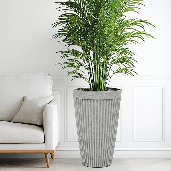 20" Resin Tall Planters for Outdoor Plants, Set of 2 Vintage Gray Large Flower Pots with Handmade Fluted Texture, Heavy-Duty and Weather-Resistant for Year Round Indoor Outdoor use