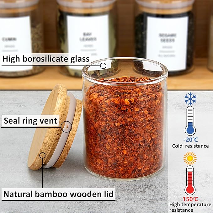 4OZ Glass Spice Jars with Bamboo Lids and 315 Labels, 20 Pcs Clear Food Storage Containers for Kitchen Sugar Salt Coffee Tea Beans