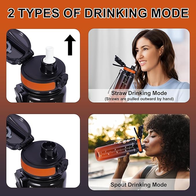 32 oz Water Bottle with Detachable Straw, Clear Motivational Water Bottles with Time to Drink, Tritan & BPA Free Sports Water Jug with Time Marker, Upgraded handle design