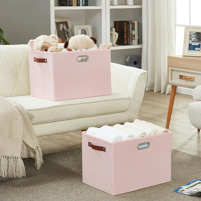 3-Pack Foldable Fabric Storage Bins with Durable PU & Metal Handles, Collapsible Storage Baskets for Shelves, Home Storage, Closet Organizers, Living Room(17"x11.8"x11.8", Pink)