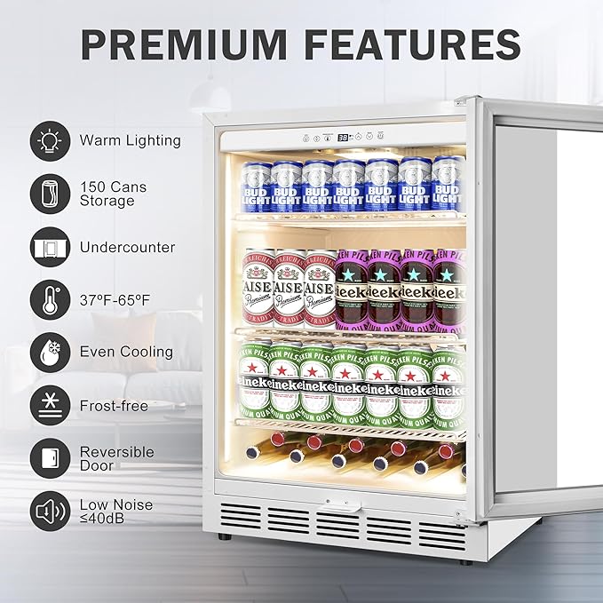 Beverage Refrigerator 24 Inch Drink Fridge, Beer Fridge, 150 Cans Beverage Cooler, Under Counter Refrigerator, Drink Cooler Undercounter Outdoor Refrigerators, Single Glass Door Bar Fridge