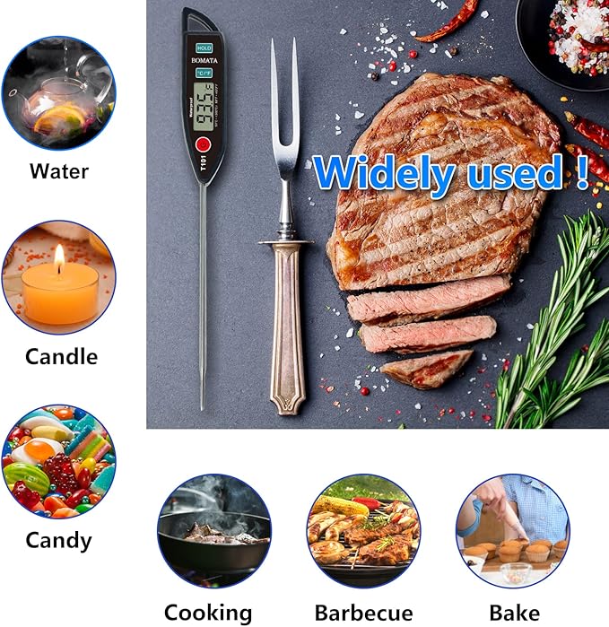 BOMATA Waterproof IPX7 Thermometer for Water, Liquid, Candle and Cooking. Instant Read Food Thermometer with Long Probe for Cooking, Meat, BBQ! T101 (Black Color)…