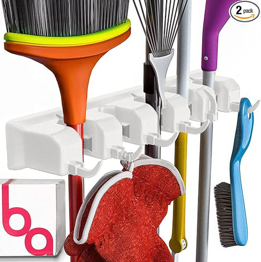 Berry Ave Broom Holder and Garden Tool Organizer Rake or Mop Handles Up to 1.25-Inches (White, 2pk)