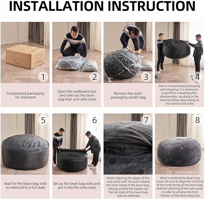 Bean Bag Chair 4Ft, Memory Foam Filled, Large Beanbag Chairs for Adults and Teens, Soft Sofa with Removable Flannel Cover, Round Couch for Living Room Bedroom College Dorm (Black, 4FT-47×47"×24")