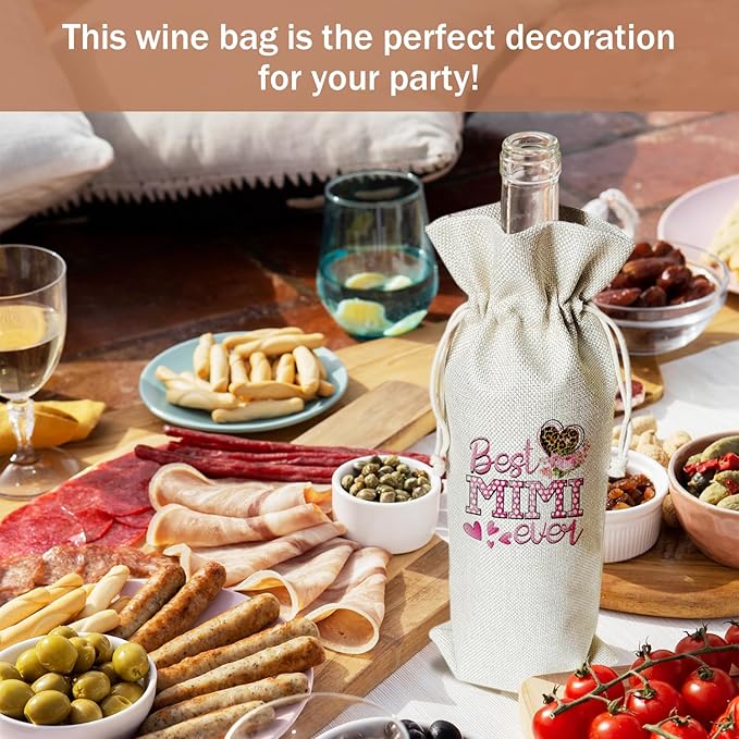 Best Mimi Ever Wine Gift Bag, Mimi Gifts for Grandma from Granddaughter Grandson, Gift for Nana Grandmother, 1pcs Reusable Burlap Wine Gift Bag for Wine Bottles, Mother's Day Holiday Party Favor -16