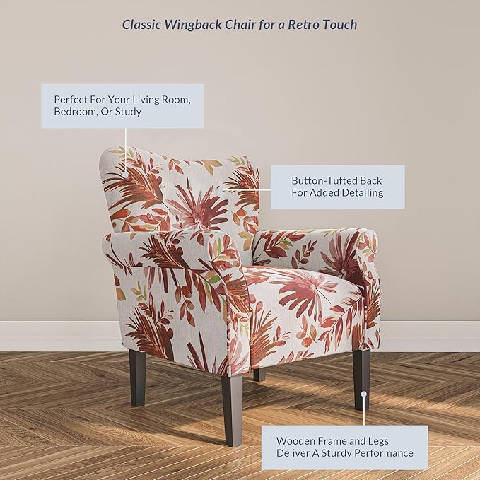 BELLEZE Modern Accent Chair for Living Room, High Back Floral Armchair with Wooden Legs, Upholstered Wingback Side Chair Padded Armrest Single Sofa for Living Room, Bedroom - Allston (Red Floral)