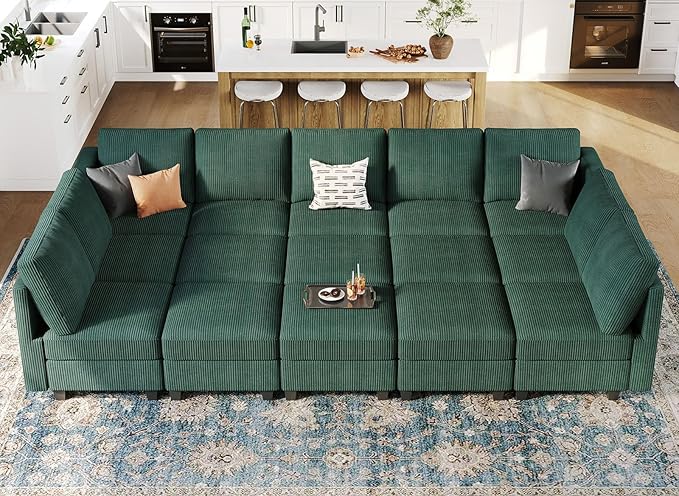 Belffin Large 15 Seat Modular Sectional Sofa with Storage Seat Corduroy Sleeper Sectional Sofa Bed Oversized Convertible Modular Couch for Living Room Green