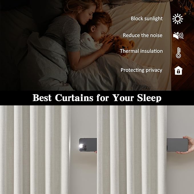 2 PCs Extra Wide Linen Blackout Curtains 108 Inches Long,Back Tab Pleaetd Drapes with Hooks Track System Curtain Panels for Large Windows Patio Sliding Door Living Room 70 x 108 Natural Birch