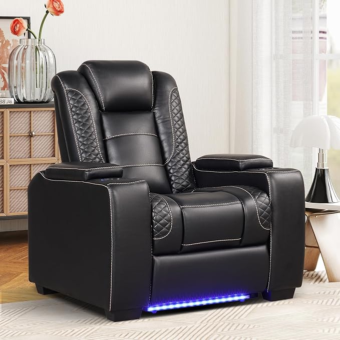 ANJ Power Recliner Home Theater Seating, Electric Recliner Chair with Adjustable Headrest,PU Leather Dual Motor Movie Reclining Chairs with Cup Holders LED Lights,USB Port,Hidden Arm Storage (Black)