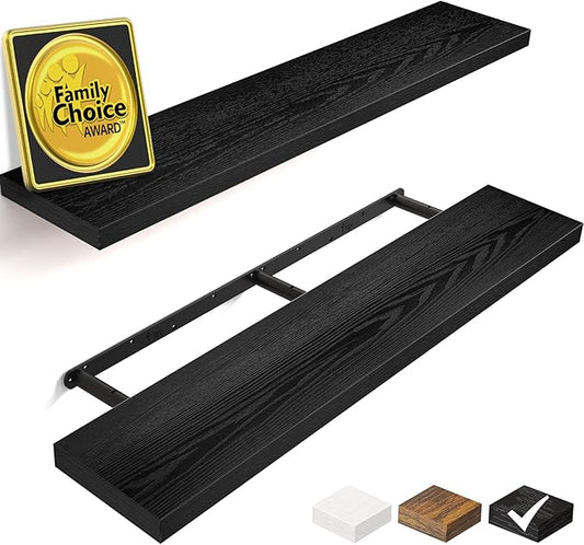 BAYKA Floating Shelves, 48 inches Long Heavy Duty Wall Mounted Rustic Wood Shelves for Bathroom, Bedroom, Living Room, Kitchen, Office, Hanging Shelf for Books/Storage/Decor(Black,Set of 2)