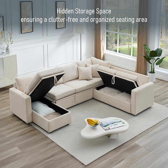 7 - Seater Sofa Bed, Large U - Shaped Modular Sectional Sofa, Oversized Pull - Out Sleeper with Storage for Living Room, Beige