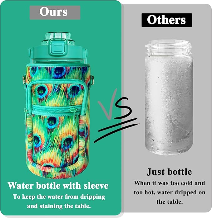 64 oz Water Bottle with Straw Sleeve & Strap Motivational Half Gallon Water Jug with Handle for Gym Women Men Aesthetic Water Bottle with Strap Peacock Feather