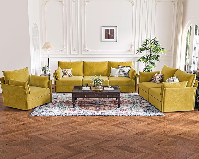 102.6" Modular Sectional Sofa, Oversized 3-Seater Couch with Removable Yellow Chenille Fabric Cover, Deep Seat & High Backrest for Living Room, Office & Apartment