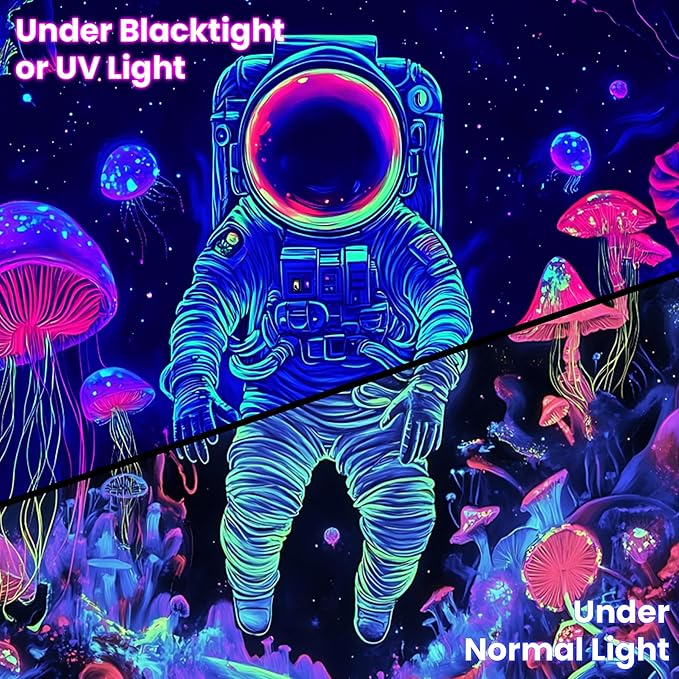 BVBOX Astronaut Space Blacklight Tapestry 79"x59", UV Reactive Astronaut Mushroom Forest Universe Galaxy Planet Glow in Dark Tapestries, Black Light Neon Upright Poster Wall Hanging Backdrop Decor for Bedroom Living Room