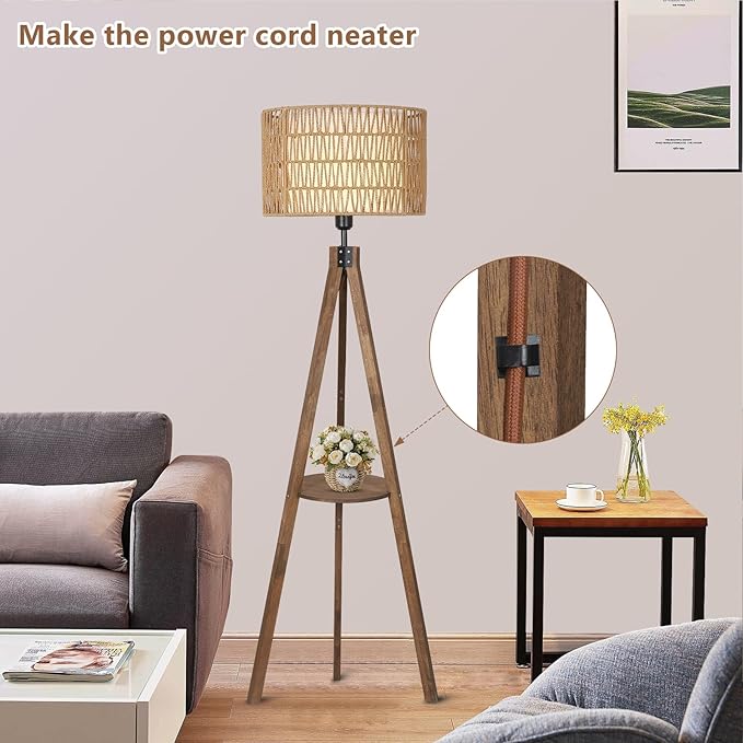 Boho Tripod Floor Lamps for Living Room, Rattan Wood Floor Lamp with Fabric Shades, Mid Century Standing Lamp with Shelf, Foot Switch, Modern Farmhouse Tall Lamps for Bedroom Office Brown