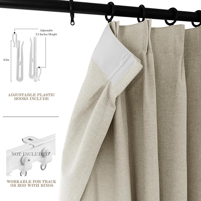 100" W x 84" L Faux Linen Room Divider Curtains, Full Blackout Pinch Pleated Drapes for Traverse Rod, Bedroom Divider Privacy Drapery with Hooks for Ceiling Track, 1 Panel, Ivory White