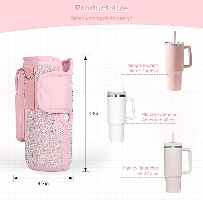 Bling Diamond Water Bottle Carrier Bag with Phone Pocket for Stanley 40/30 oz Tumbler with Card Holder,Neoprene Water Bottle Holder Pouch with Adjustable Strap for Stanley Cup Accessories