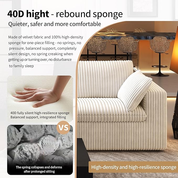 118" 3-Seater Cloud Sofa,Modular Sectional Couch,Modern Deep Seat Upholstered Couches with Plush Corduroy Fabric for Living Room Furniture,Bedroom and Apartment,No Assembly Required,White