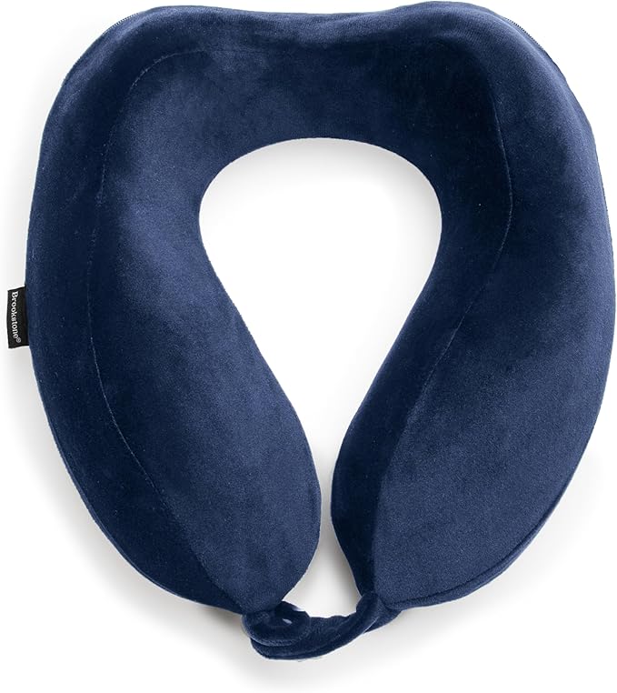 Brookstone Contoured Memory Foam Head and Neck Travel Pillow Ergonomic and Lightweight, Blue