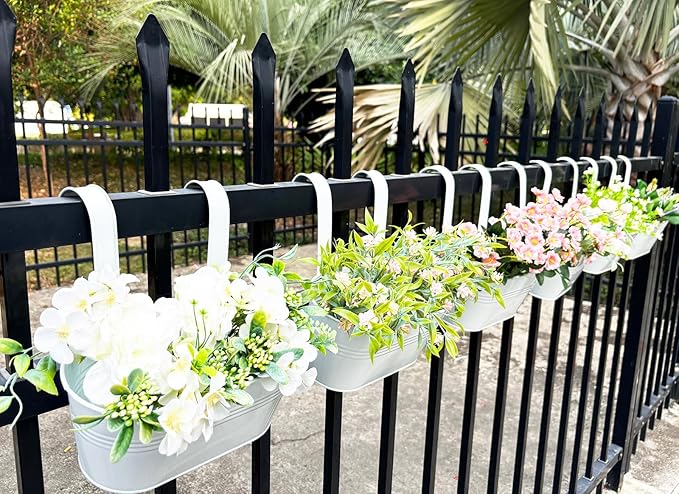 10" Hanging Flower Pots, Pack of 8 White Metal Outdoor Patio Balcony Planter, Railing Planters Fence Pot with Detachable Hook & Drainage Hole for Small Plants (White, 8Pcs)