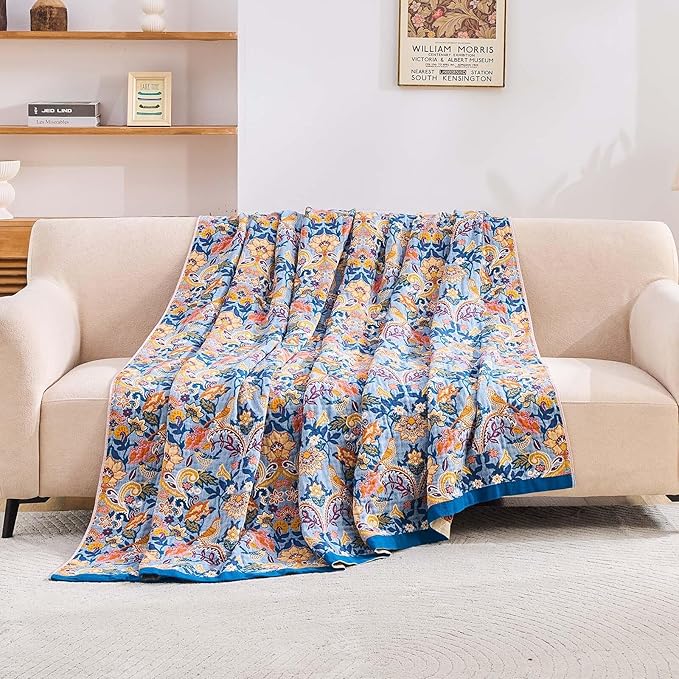 Boho Throw Blanket for Bed, 100% Cotton Soft Rustic Quilt Fall Blanket, 90"x98" Floral Printed Farmhouse Decor Bed Blankets, All Season Rustic Reversible Bohemian Throw Quilt