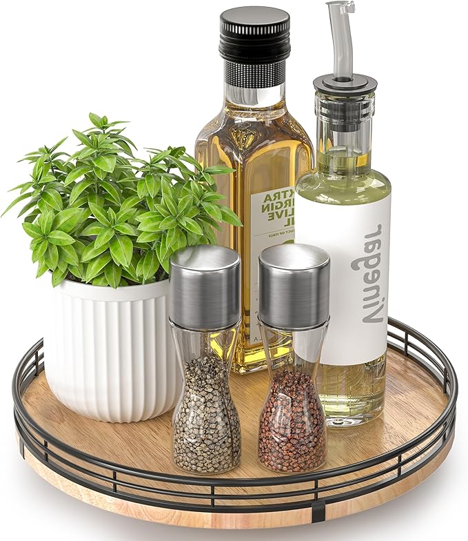 10" Lazy Susan Oak Wood Turntable Organizer for Cabinet, Round Wooden Farmhouse Lazy Susan Organization and Storage for Dining Table, Pantry, Kitchen, Countertop, Cupboard,Home Decor